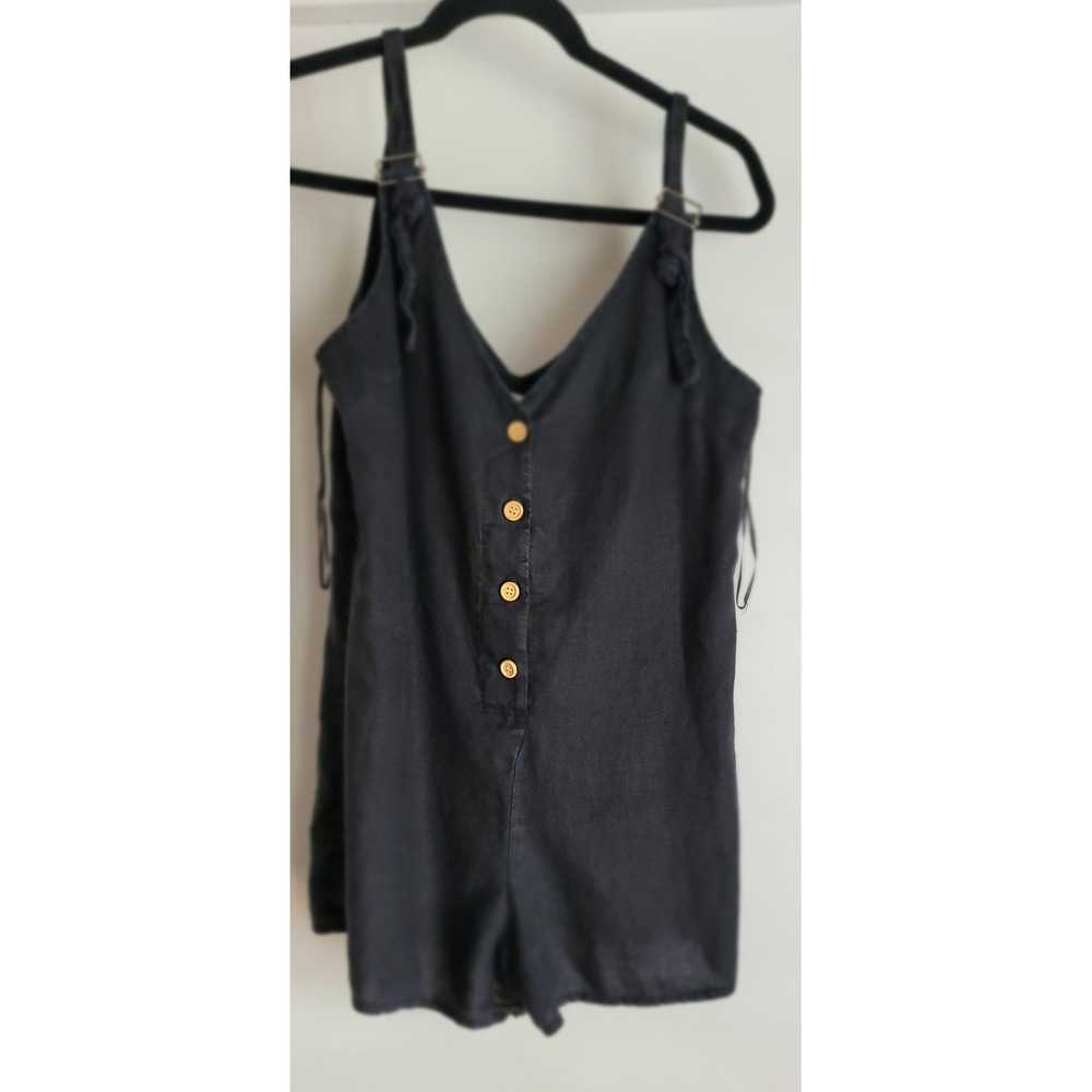 Seek The Label Linen Romper Women M Black Solid Sleeveless V-Neck Casual